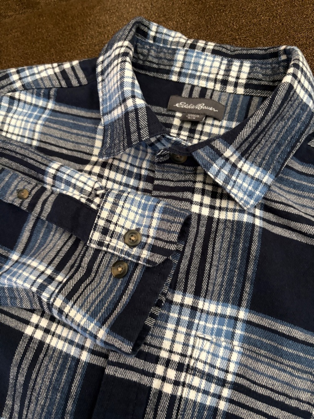 Eddie Bauer Navy and White Plaid Button-Down Flannel Shirt. Size Medium